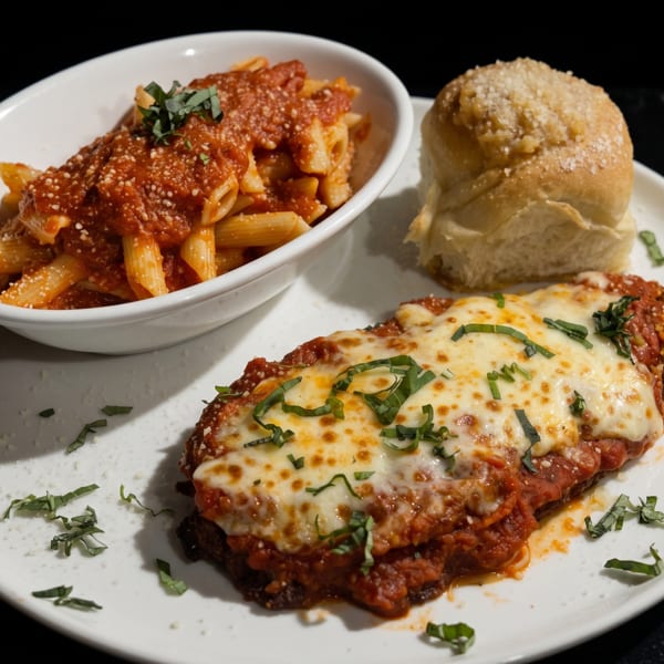 Chicken parmesan with melted cheese and basil, a side of penne pasta with red sauce, and a bread roll.