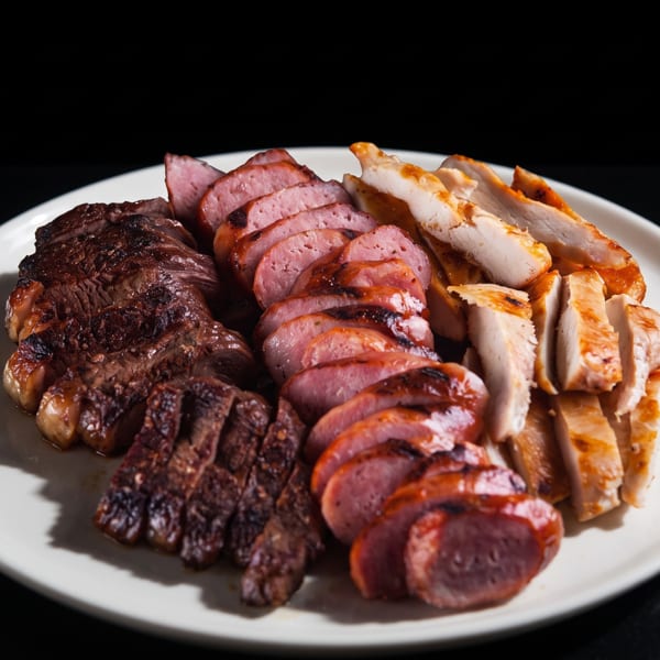 A white plate holds sliced grilled steak, sausage, and chicken against a dark background.