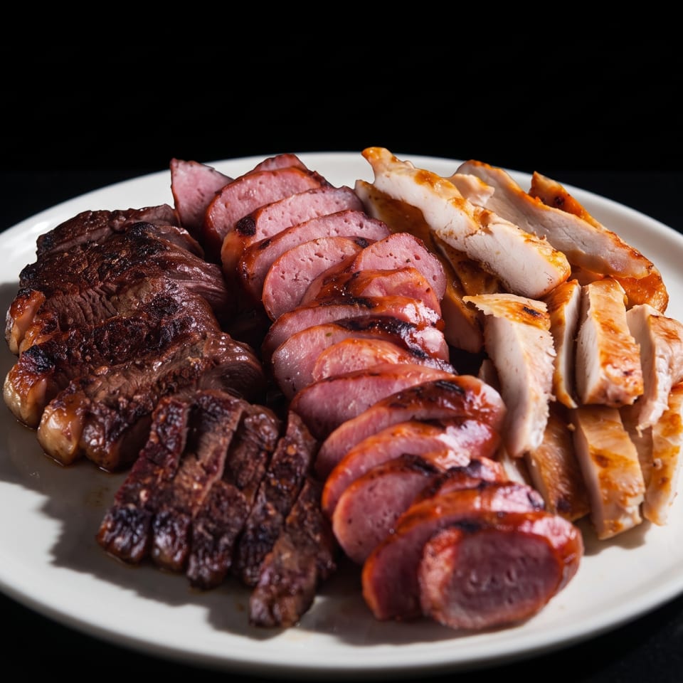 A white plate holds sliced grilled steak, sausage, and chicken against a dark background.