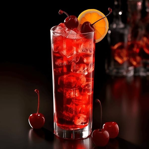 Tall glass of red iced drink garnished with cherries and an orange slice, with loose cherries nearby.