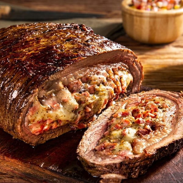 Glistening stuffed roast beef, sliced open to show melted cheese and bacon, with sides.