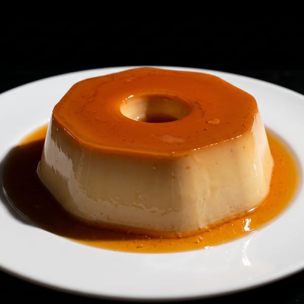 A golden-brown flan with caramel sauce on a white plate against a dark background.